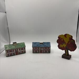 Set Of 2 Vintage Keystone Wooden Block Village Buildings & A Tree
